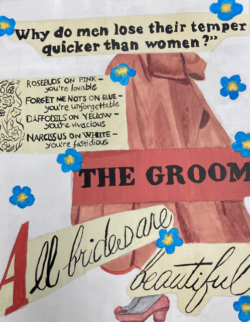 mixed media images of weddings - All brides are beautiful written in the foreground, a red dress, blue and yellow flowers in the background and the question "Why do men lose their temper quicker than women?