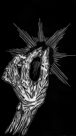 Black And White Print Of Bony Fingers Holing A Bead With A Star In The Background