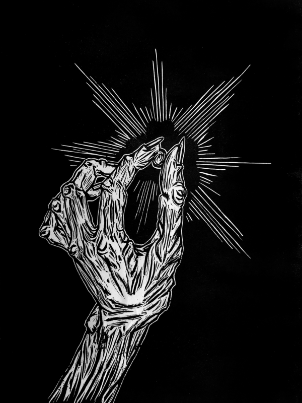 black and white print of bony fingers holing a bead with a star in the background