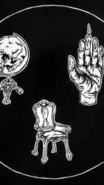 Black And White Print Of A Circle-Shape Containing A Skeleton Globe, A Hand With A Flaming Middle Finger, And A Chair