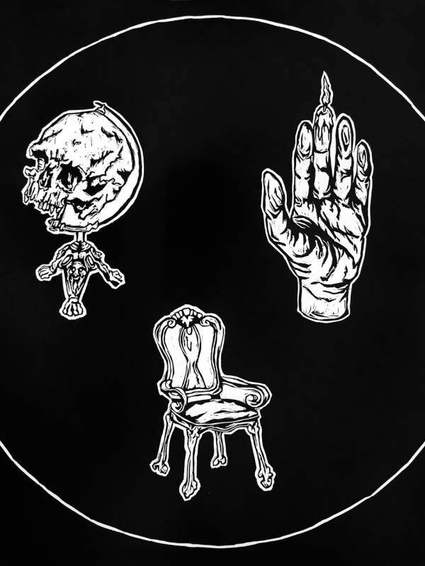 black and white print of a circle-shape containing a skeleton globe, a hand with a flaming middle finger, and a chair