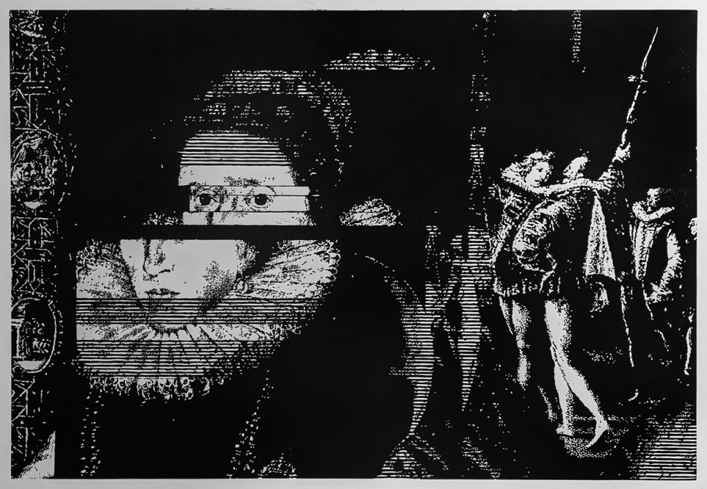 black and white print of Queen Elizabeth I and courtiers