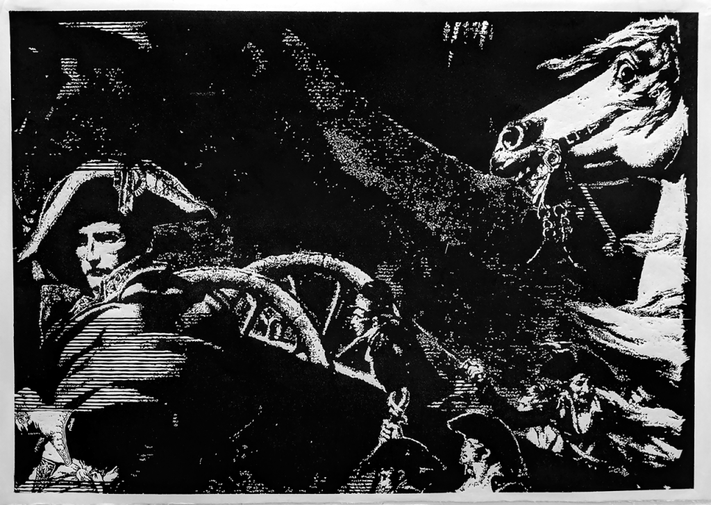 black and white print of Napoleon and a horse
