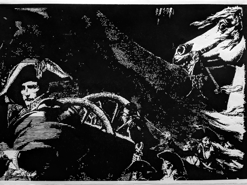 black and white print - napoleon and a horse