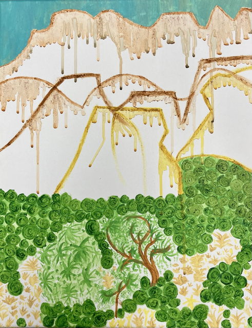 mixed media landscape features bright green trees in the foreground with mountains and sky in the background 