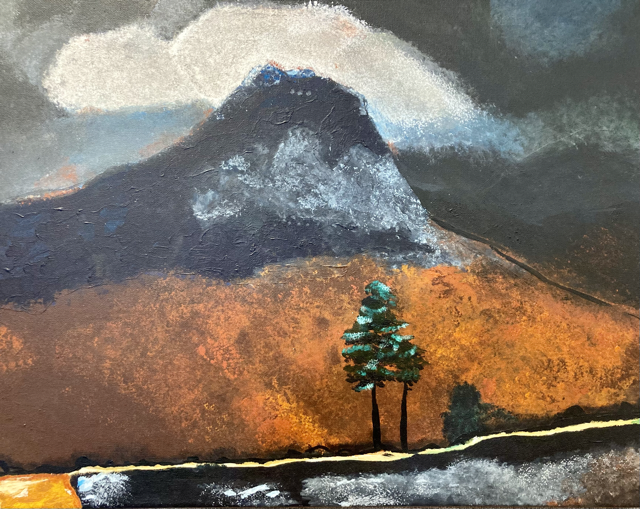 acrylic and natural paint  landscape of cloudy sky and a mountain, tree and stream in foreground