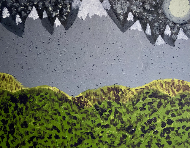 acrylic and natural paint landscape with green hills in the foreground and gray skies in the background