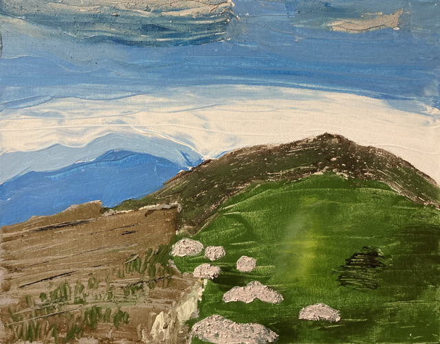 acrylic and natural paint landscape with green hill in foreground and sky in the background