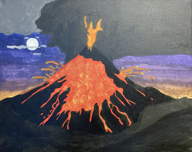 acrylic and natural paint landscape of erupting volcano