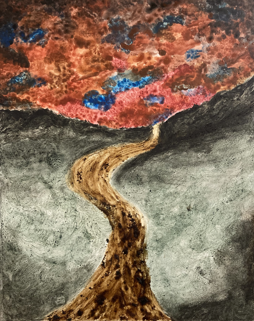 acrylic and natural paint landscape of a river or road leading to the sunrise/sunset in coloring the horizon